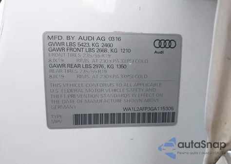 2016 Audi Q5 2.0T Premium z USA, uszkodzony, nr VIN WA1L2AFP3GA115305